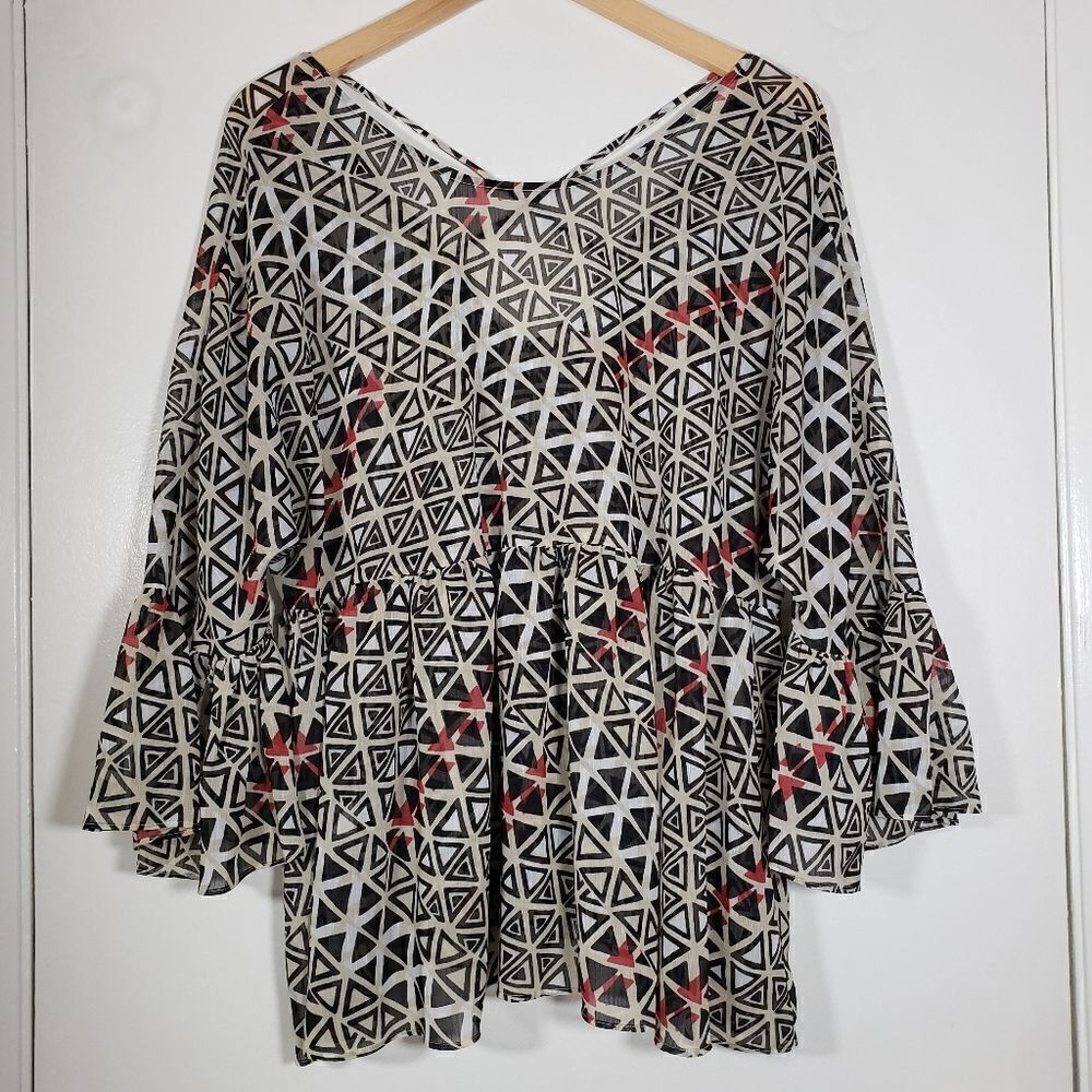 BCBGeneration Geometric Print Sheer Bell Sleeve Peplum Blouse Size L